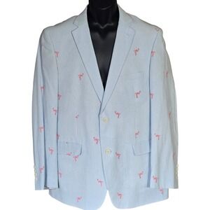 Crown & Ivy Seersucker Sport Coat Blue White Stripped Flamingo‎ Embroidered 42R